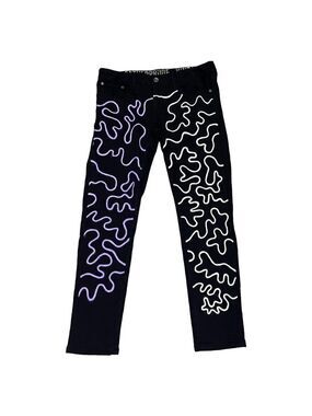 Custom Painted Haring Design Black Denim Streetwear Art Jeans - Mens 36 x 31